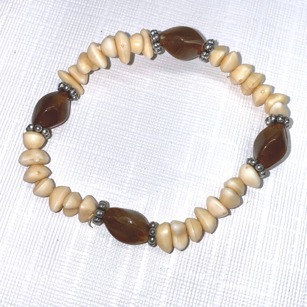 Beaded Stretch Bracelet Brown Seed Beads Cream Beads Stretchy‎